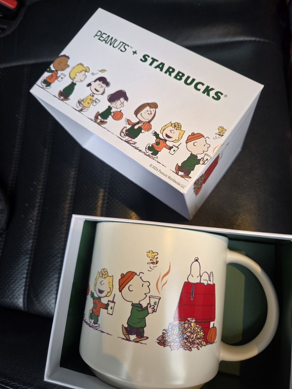 Starbucks White Mug with Red & Green Peanuts Characters